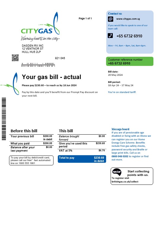 Singapore City Gas business utility bill template, fully editable in PSD formats PSD template